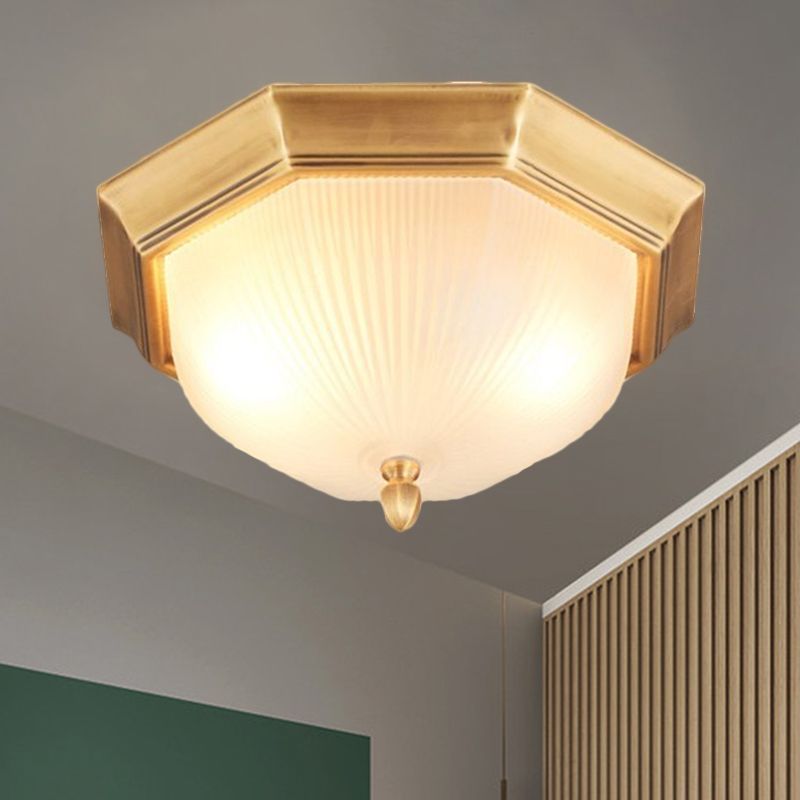 Classic Style Domed Ceiling Light 2 Bulbs Fluted Glass Flush Mount Lighting in Black and Gold/Brass