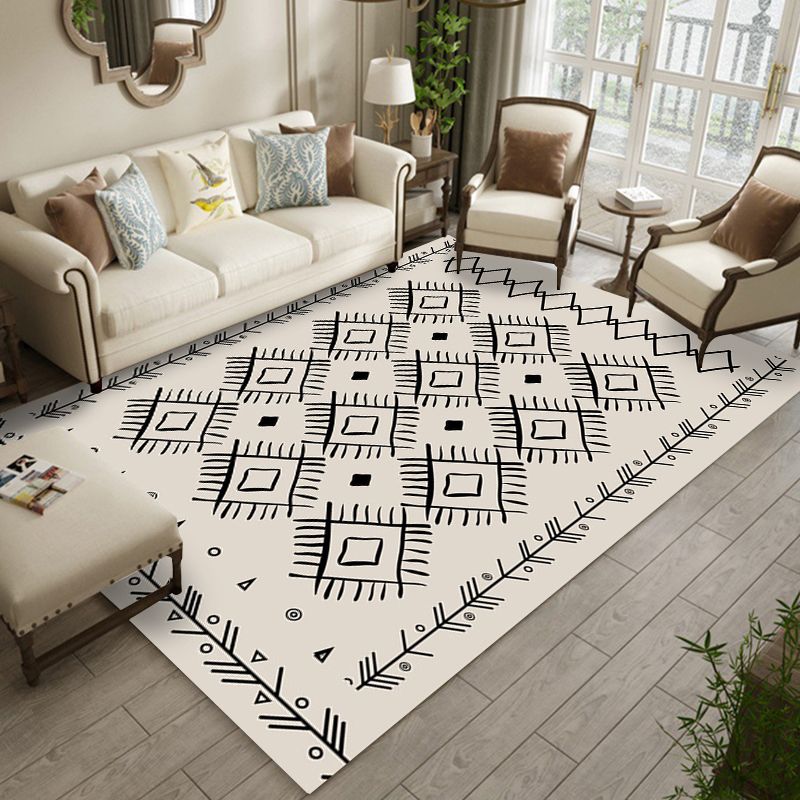 Classic Southwestern Pattern Rug White Tribal Rug Polyester Washable Anti-Slip Backing Area Rug for Living Room