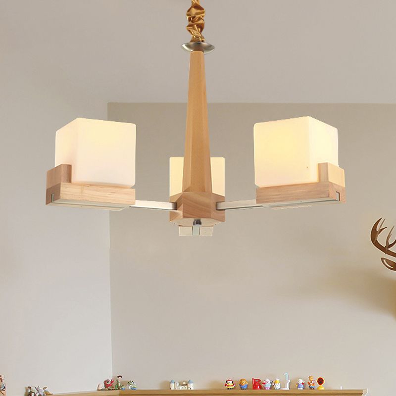 Glass Cube Ceiling Lamp 3/5/8 Heads Nordic Chandelier Lighting in Wood for Living Room