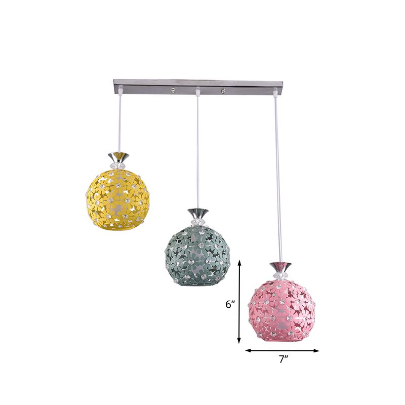 Green-Yellow-Pink Globe Cluster Pendant with Floret Design Modern 3-Head Iron Hanging Lighting