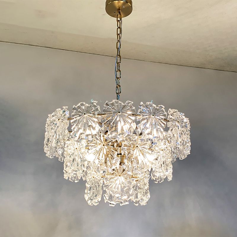 3 Tiers Snowflake Crystal Drop Lamp Modern 4/7 Bulbs 12"/17" Wide Dining Room Ceiling Chandelier in Gold