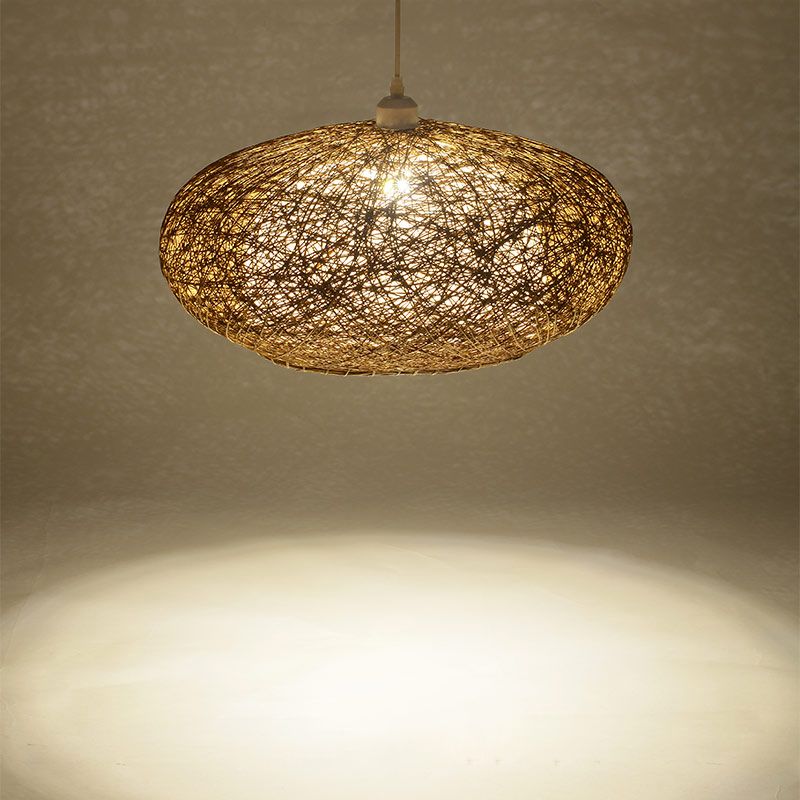 Minimalist Round Pendant Lighting Fixture Rattan 1 Head Tearoom Ceiling Hang Lamp in Dark Tan