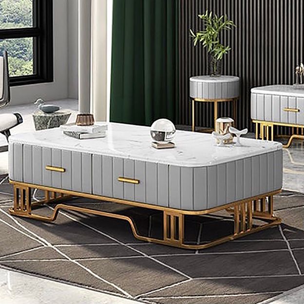 Glam Iron Frame Base Coffee Table with White Marble Top and 2 Drawers