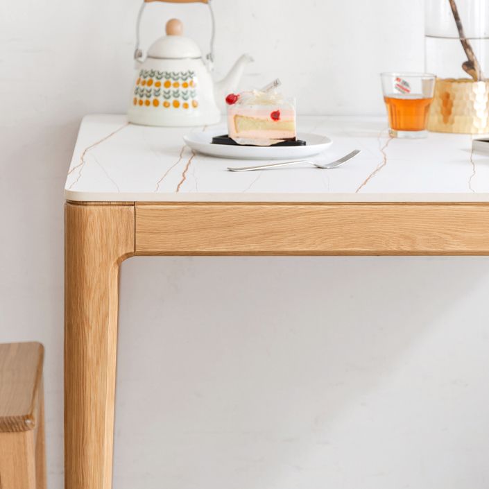 Modern Square White Stone Tabletop Dining Table with 4 Oak Legs