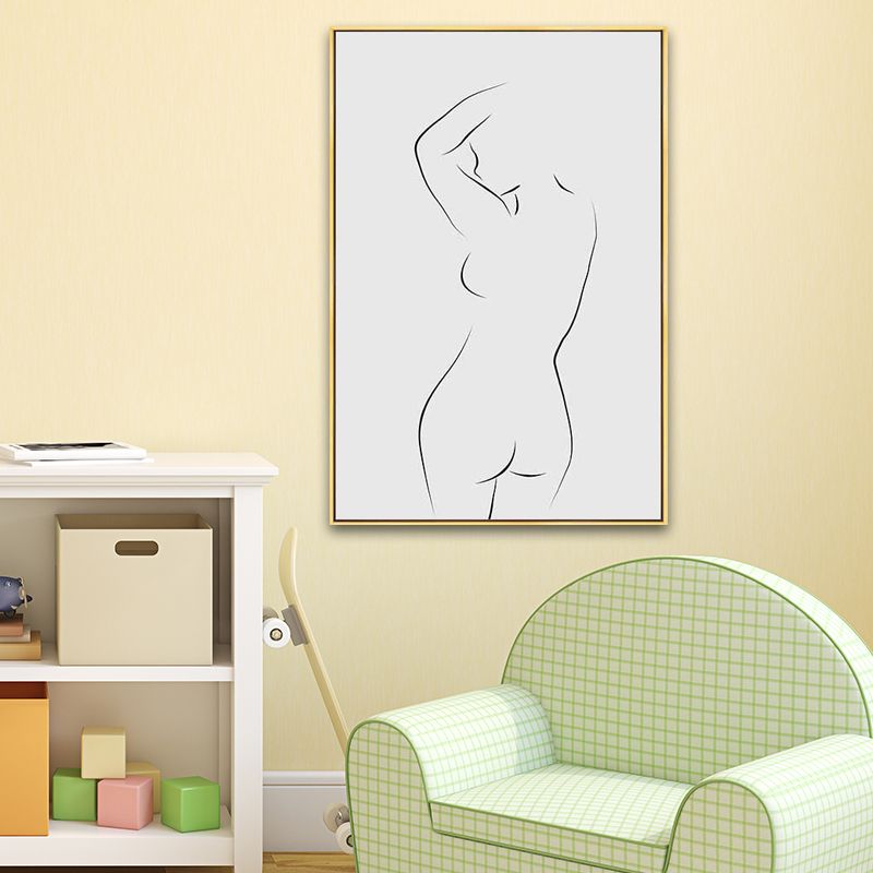 Minimalism Style Nude Figure Painting Canvas Textured Gray Wall Print for Playroom