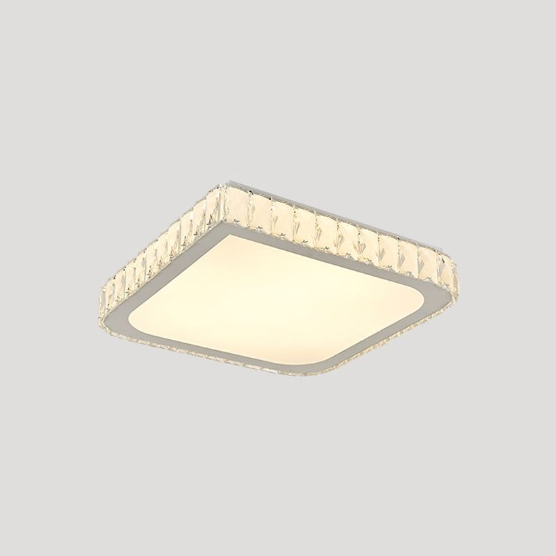 LED Bedroom Flush Light Fixture Simple Chrome Close to Ceiling Lamp with Square Crystal Shade