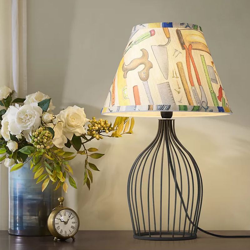 1 Head Barrel Night Table Lamp Traditional Black Nightstand Lighting with Metal Wire Cage Base