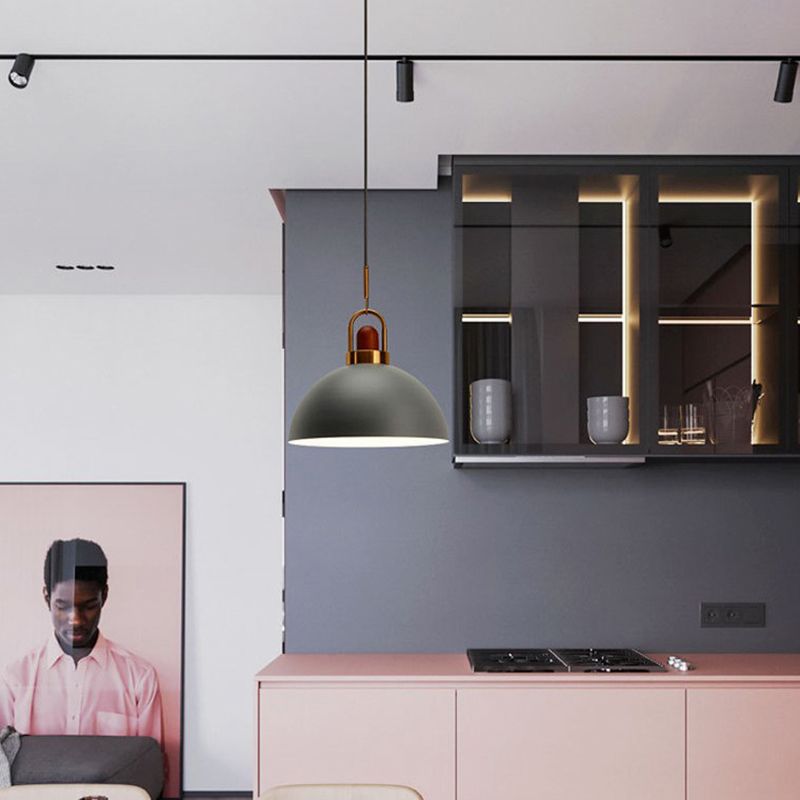 Metal Hemispherical Hanging Light Nordic Style 1 Light  Restaurant Ceiling Pendant Lamp with Wooden Top