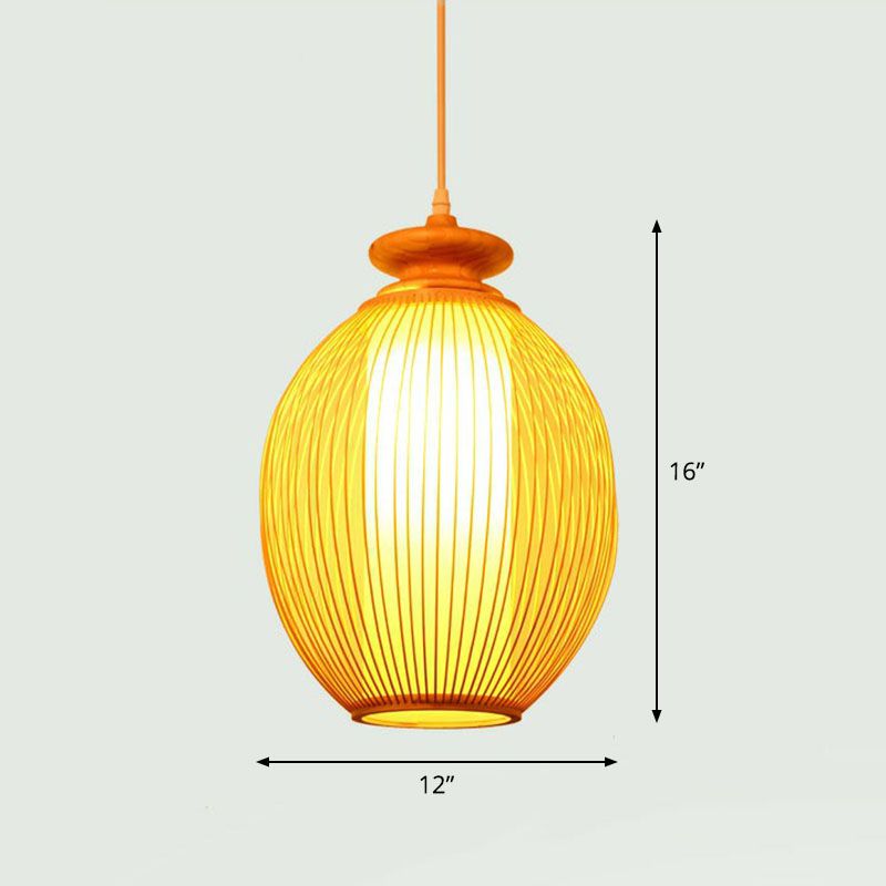Handcrafted Ceiling Light Chinese Style Bamboo Single Restaurant Hanging Pendant Light in Wood