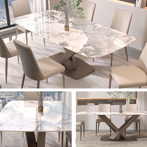Contemporary Rectangle Sintered Stone Top Metal Base Dining Table with Chairs