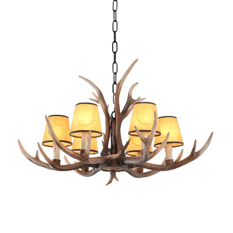 Resin Conical Chandelier Lamp Rustic 6/8/10-Head Bedroom Pendant Ceiling Light with Antler in Brown