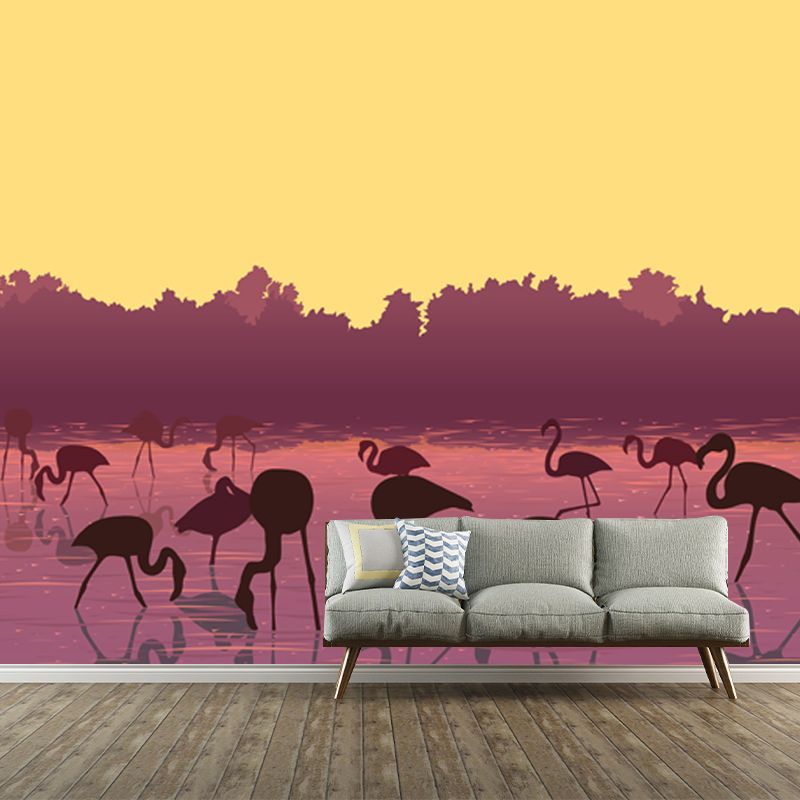 Yellow Modernist Mural Huge Flamingo Feeding under Super Moon Wall Covering for Home