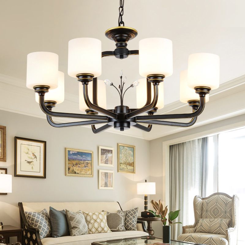 Cylinder Living Room Hanging Pendant Light Vintage Style Milky Glass Chandelier Lamp