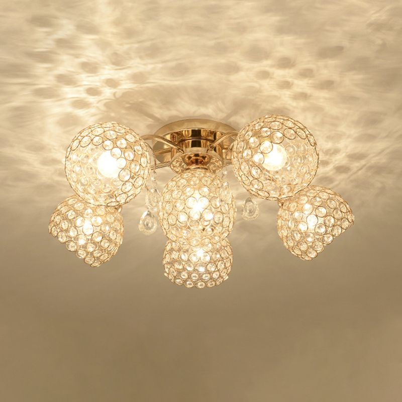 6/9 Heads Semi-Flush Mount Light Minimalist Ceiling Mounted Fixture with Sphere Crystal Embedded Shade in Gold