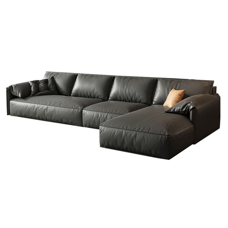 Black Genuine Leather Cushion Back Sectionals 70" Wood Stationary Sectionals