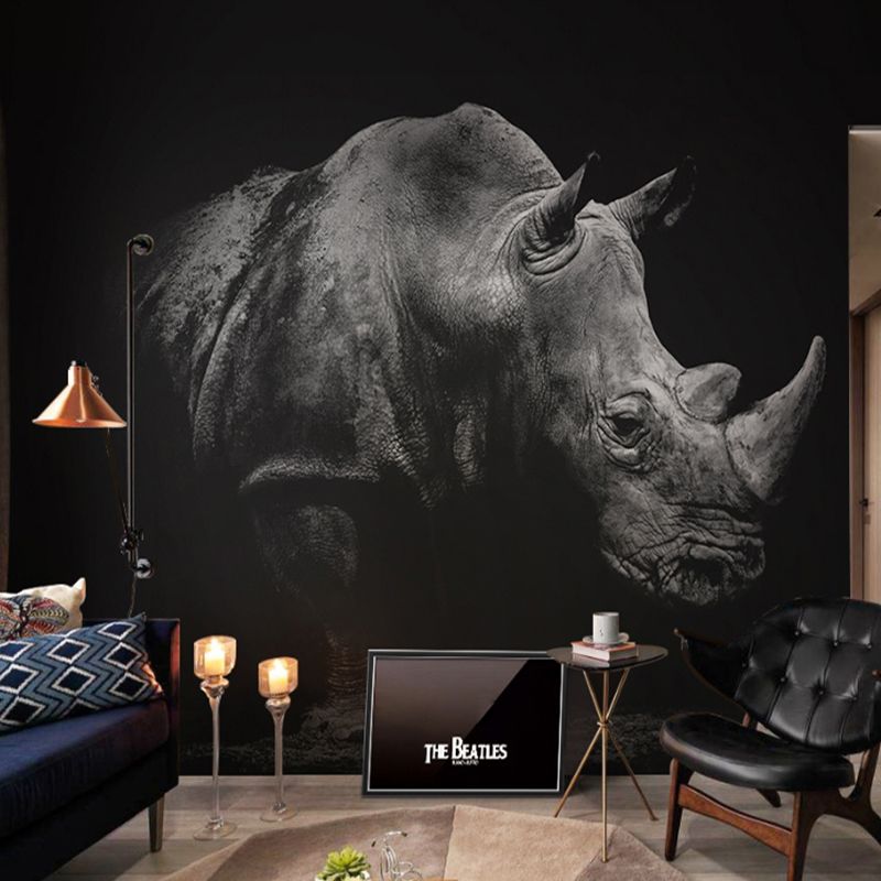 Grey and Black Rhinoceros Mural Waterproof Wall Covering for Living Room