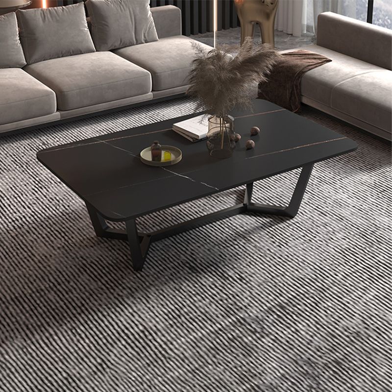 Glam Style Rectangular Slate Table with Trestle Shaped Base Design Coffee Table