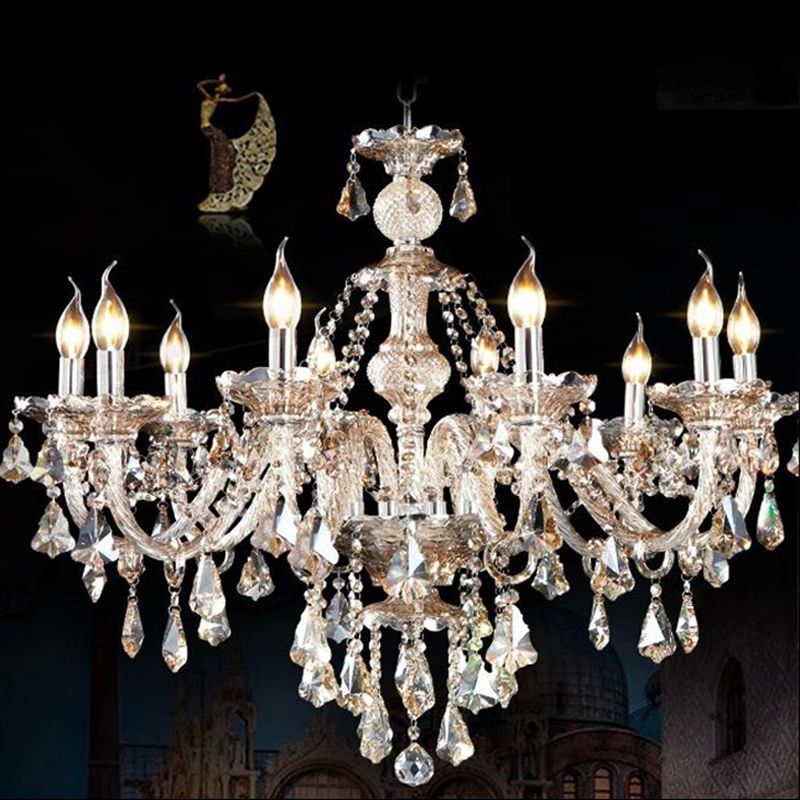 Traditional Beveled K9 Crystal Ceiling Pendant Light Candlestick Suspension Lighting for Living Room