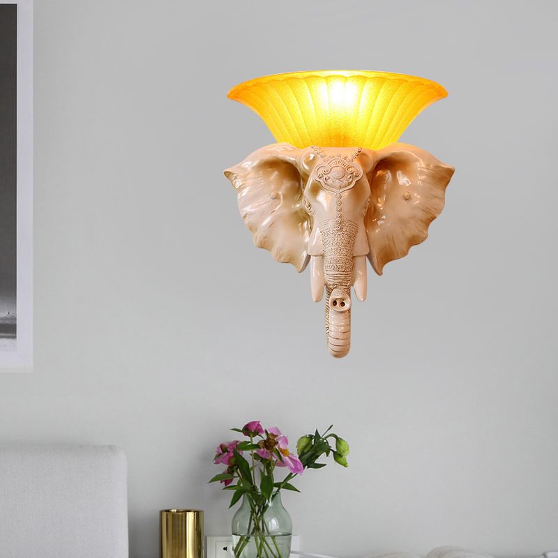 Resin White/Golden Sconce Light Embossed Elephant Single Light Asian Wall Lighting Fixture