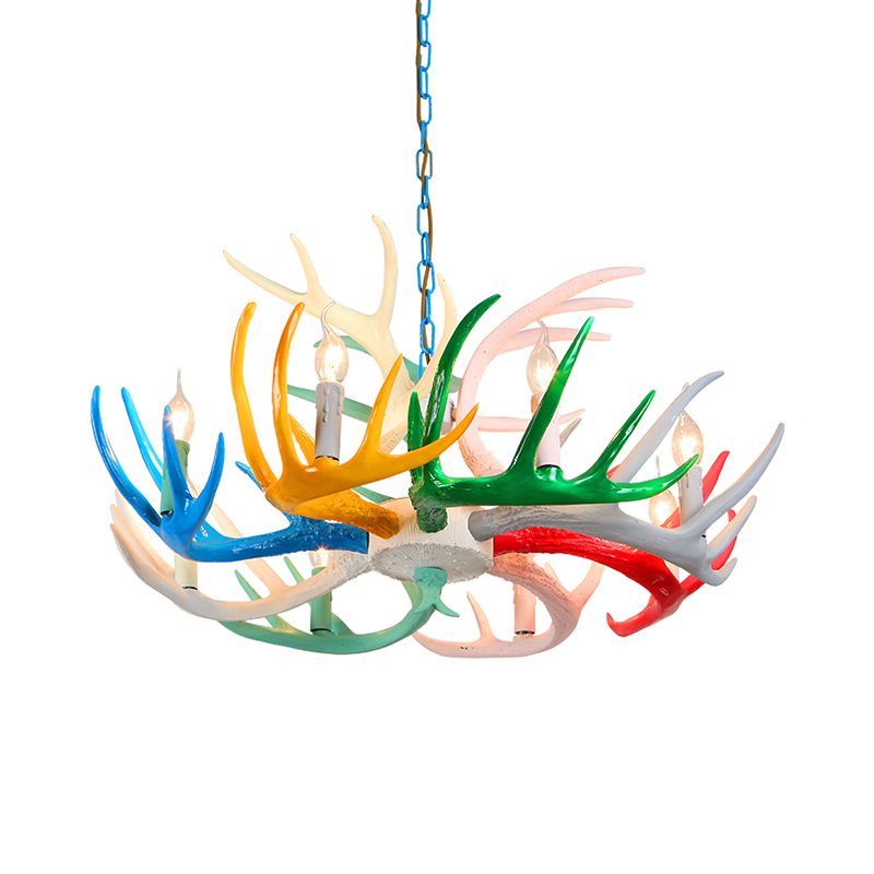 Modern Candle Hanging Lamp 8 Bulbs Metal Chandelier Light Fixture with Decorative Antler in Blue