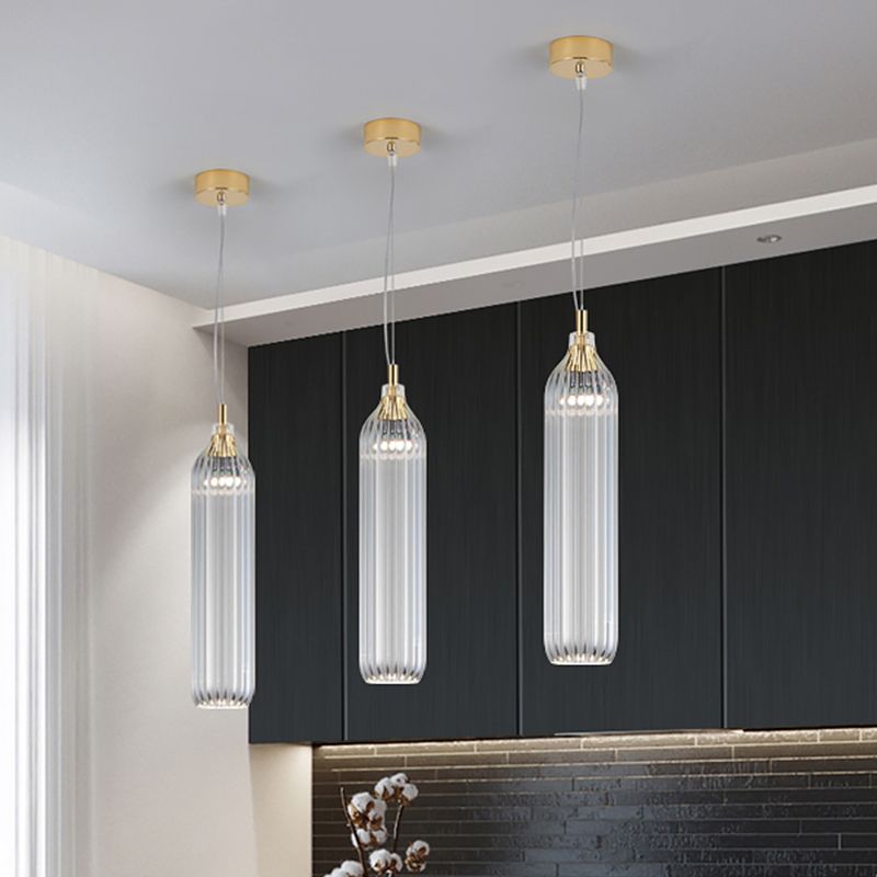 Cylinder Hanging Lighting Vintage Clear/Light Grey Ribbed Glass 1 Light Dining Room LED Pendant Lamp