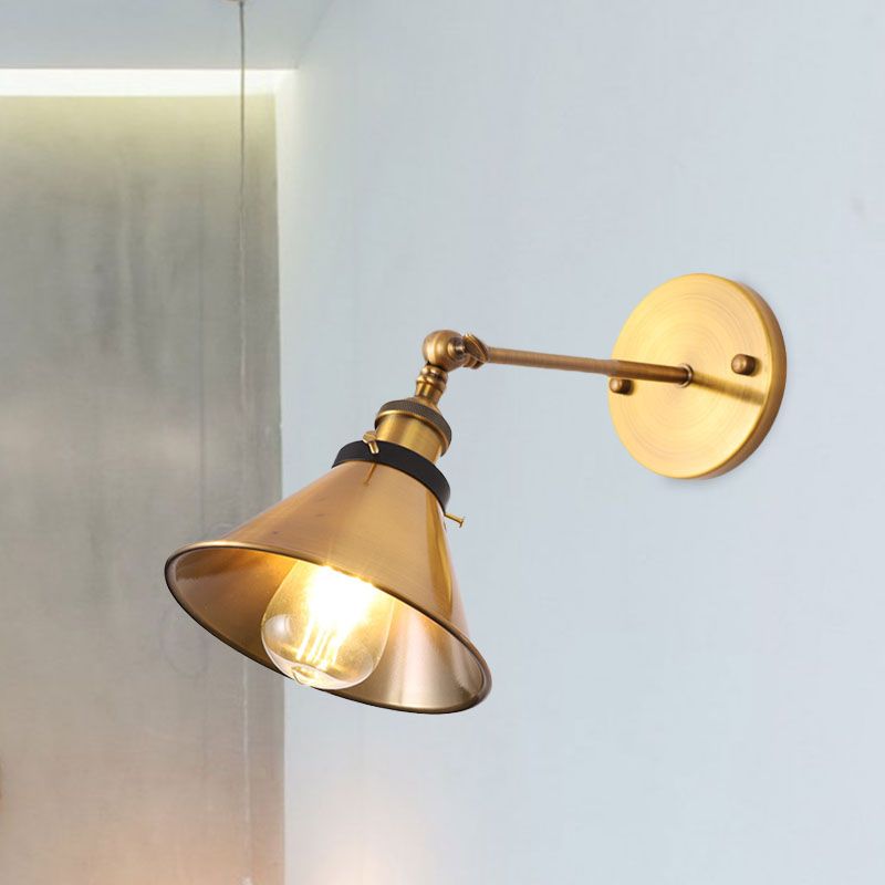 Iron Antiqued Gold Wall Lighting Conic/Barn Shade 1 Bulb Vintage Sconce Light Fixture with Adjustable Joint