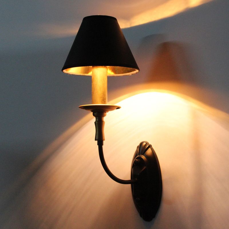 Tapered Living Room Wall Light Sconce Vintage Style Fabric 1/2 Lights Black Wall Mount Lighting with Swooping Arm