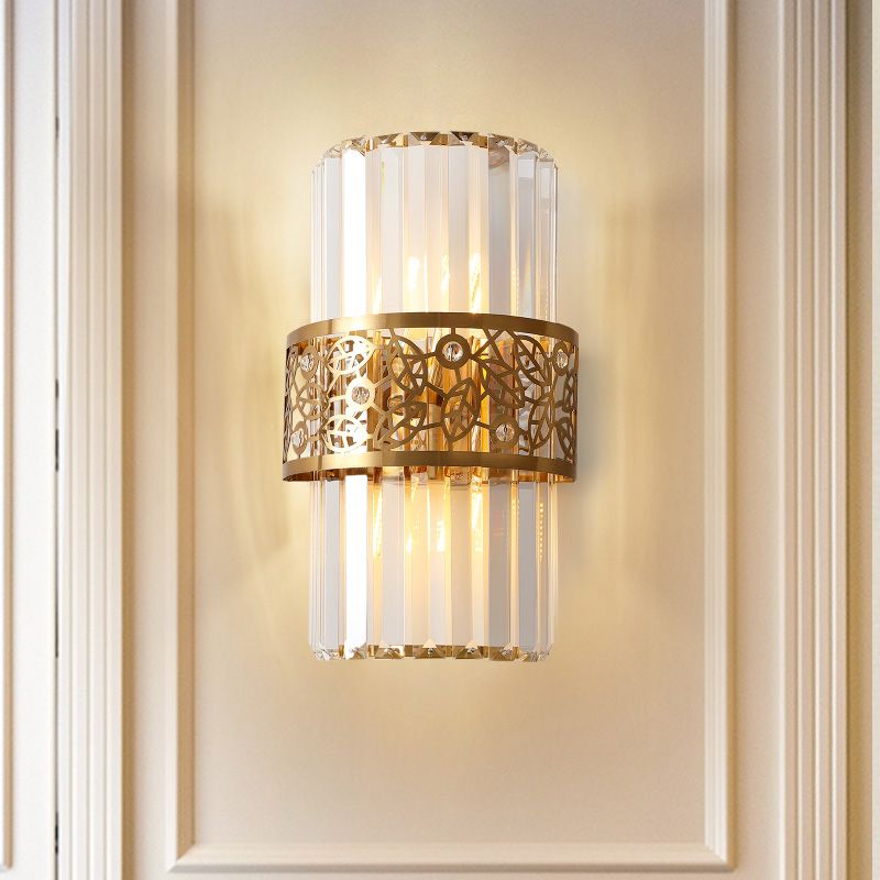 Cylinder Wall Light Modernist Crystal Rectangle 2 Lights Study Room Sconce Light with Brass Hollow Belt