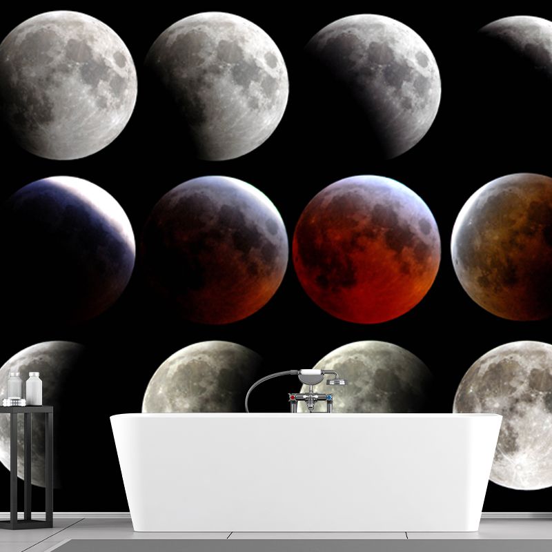 Photography Lunar Eclipse Wall Mural for Kids Bedroom, Grey-Red, Custom Size Available