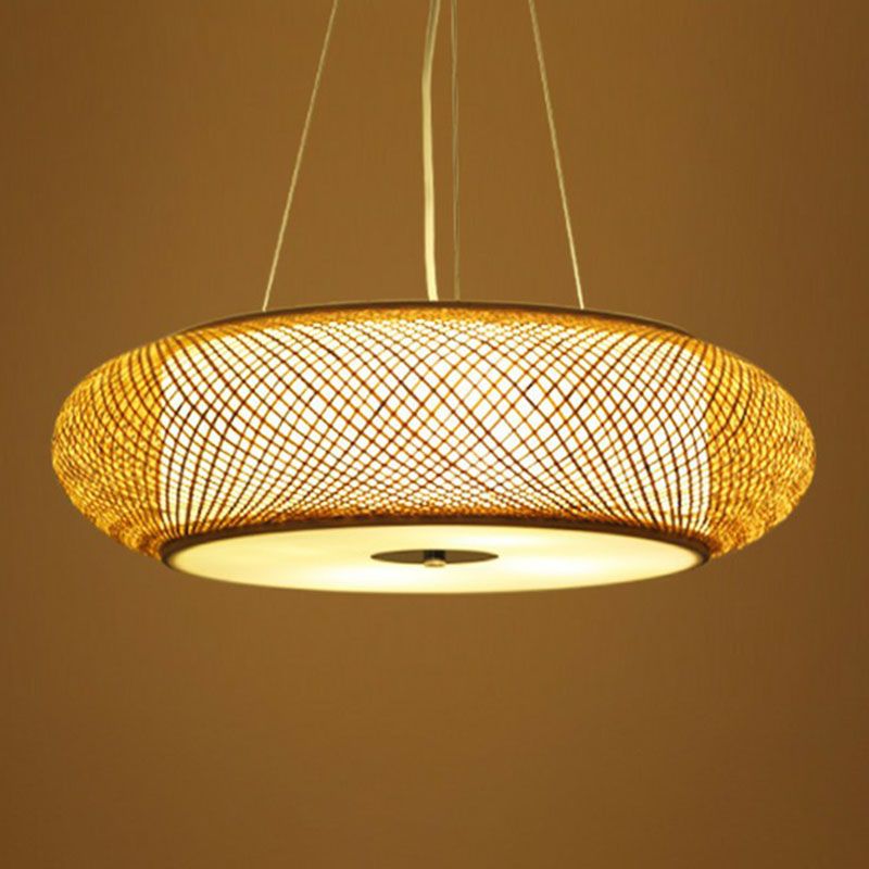 Rounded Drum Restaurant Chandelier Lighting Bamboo 3 Bulbs Minimalist Pendant Light in Wood
