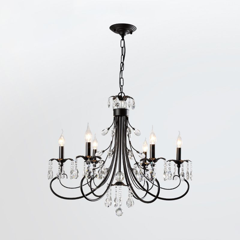 Black Curving Chandelier Lamp Farmhouse Metal Living Room Crystal Pendant Lighting with Candle Design