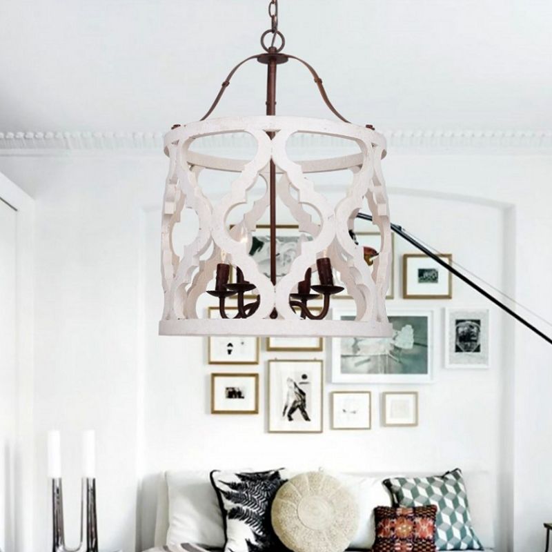Cylinder Pendant Chandelier Traditional Wood 4 Bulbs White/Tan Hanging Ceiling Light with Adjustable Chain