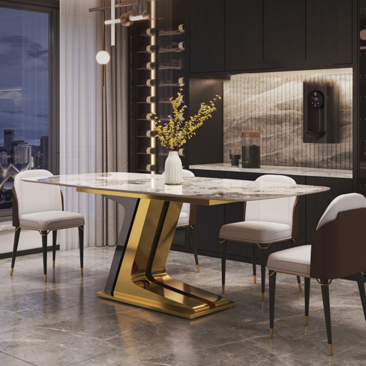 Dining Set of Modern Sintered Stone Table with Gold Metal Base Rectangle Dining Set for Restaurant