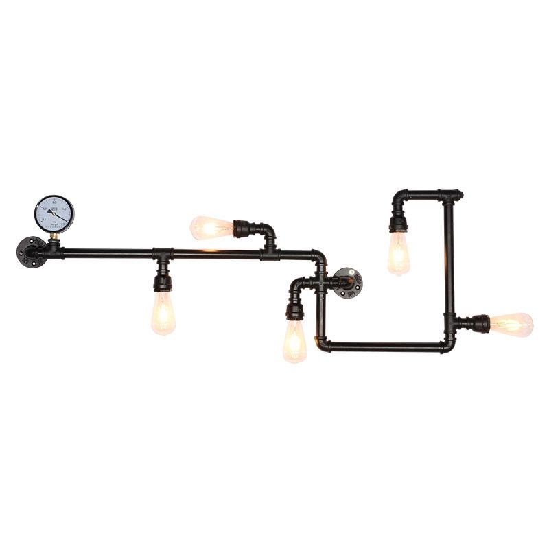 5-Head Wall Sconce Lighting Industrial Water Pipe and Pressure Gauge Metal Wall Light for Restaurant