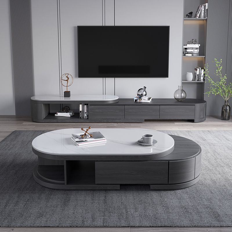 Slate and Wood Coffee Table Oval Single Coffee Table with Storage Drawers