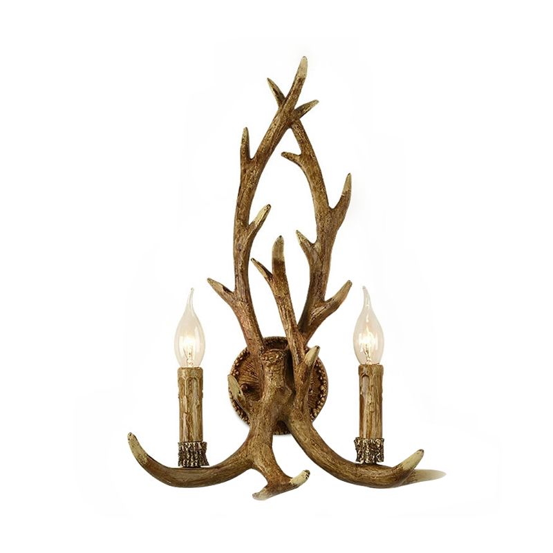 Resin Wood Sconce Lamp Open Bulb 1-Light Traditional Wall Mounted Lighting for Indoor with Antler Backplate