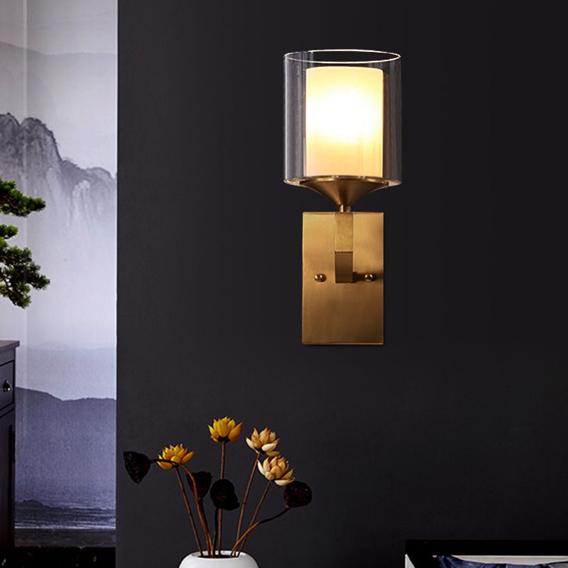 1 Bulb Wall Lamp Fixture Colonial Style 2-Tier Cylindrical Clear and Opal Glass Sconce Lighting in Brass