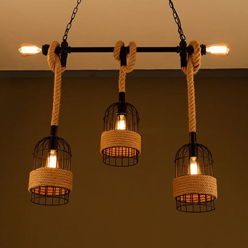 3 - Light Industrial Kitchen Island Lighting Metal & Hemp Rope Ceiling Fixture in Black