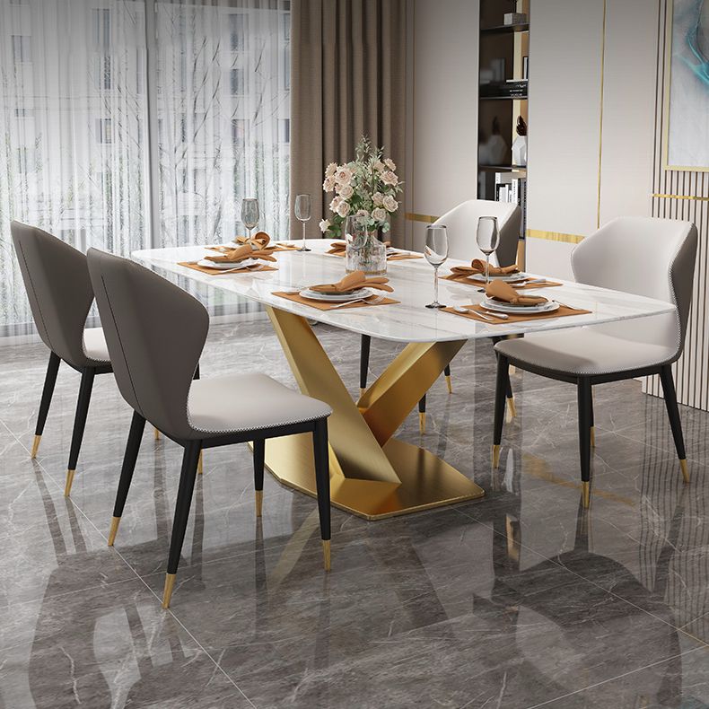 Minimalist Style Sintered Stone Dining Room Set with White Table and Gold Trestle Base for Home Use