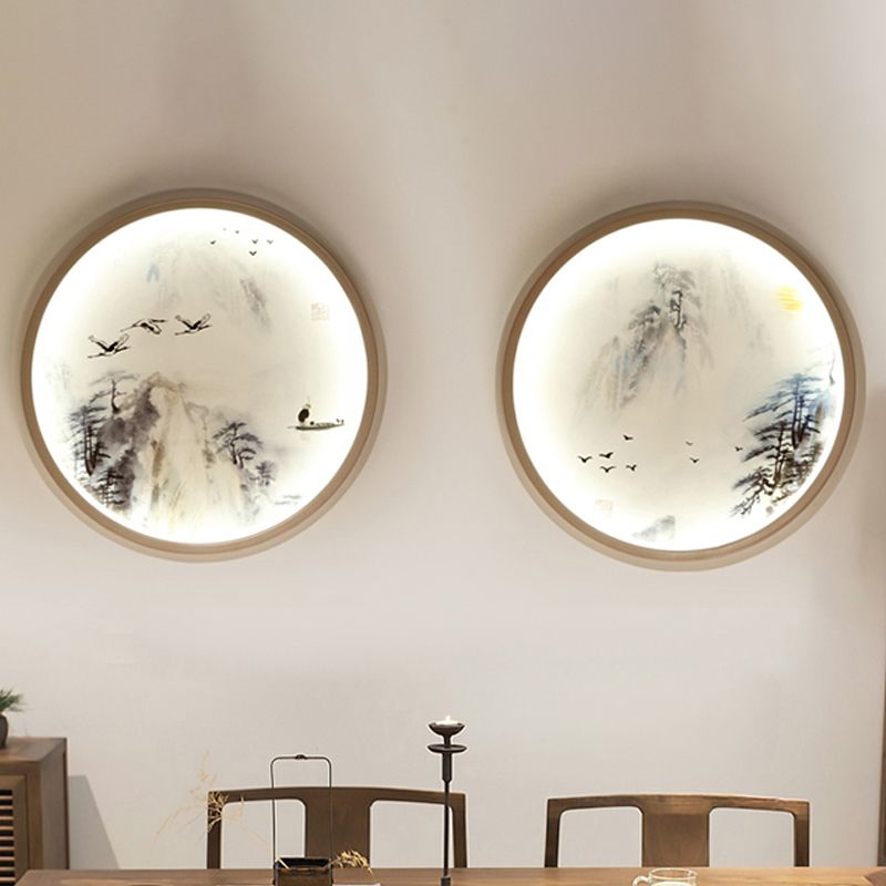 Iluminación de pared circular blanca lámpara mural metálica de estilo asiático con pino y patrón de pájaros