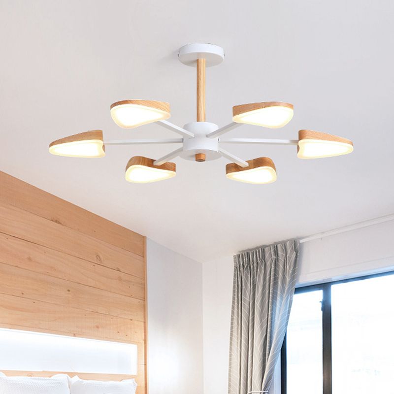 Burst LED Semi Flush Mount Nordic Wood 6 Heads White Ceiling Mount Chandelier with Triangle Shade