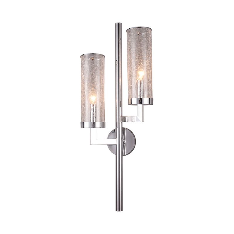 Chrome Armed Wall Lamp Modern 2 Bulbs Metal Sconce Light Fixture with Crackle Glass Shade