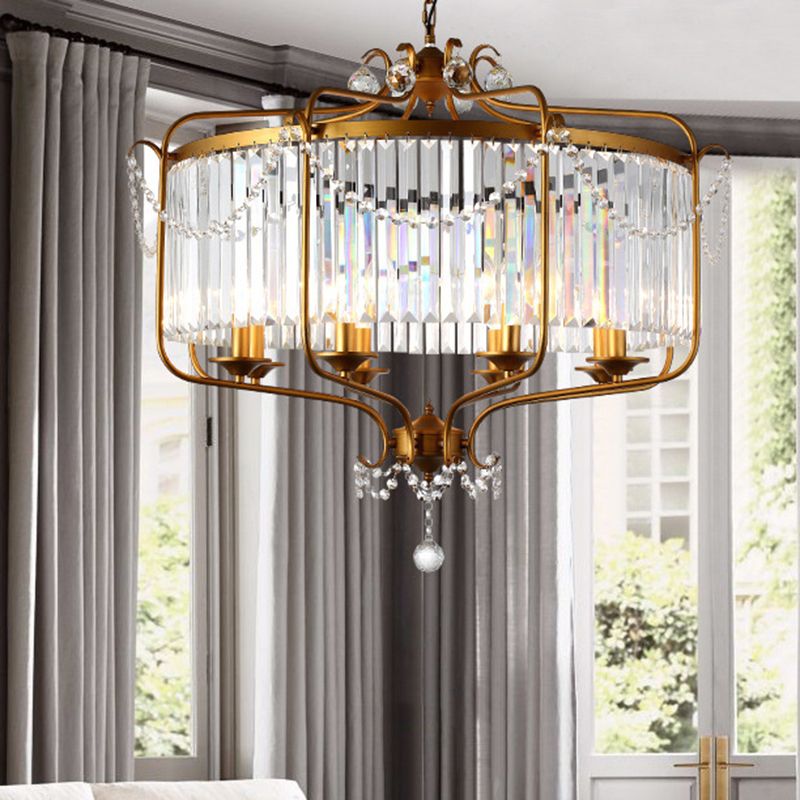 Faceted Crystal Chandelier Lamp Round Countryside Pendant Light Kit with Wire Cage for Living Room