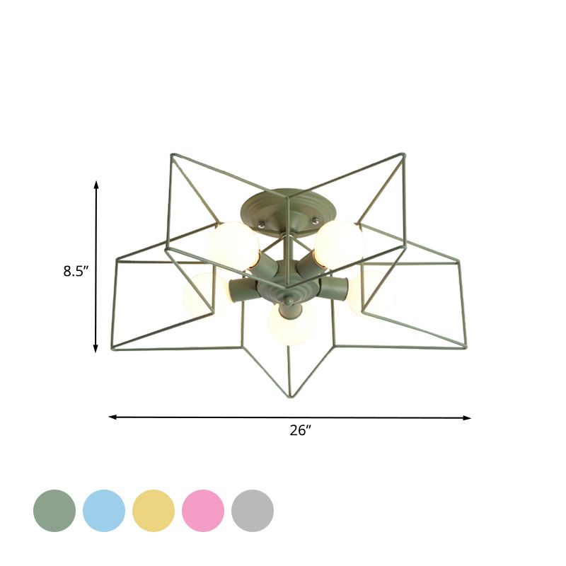 Pentacle Frame Iron Flush Mount Light Kids 5-Bulb Pink/Grey/Blue Semi Flush Ceiling Light for Baby Room