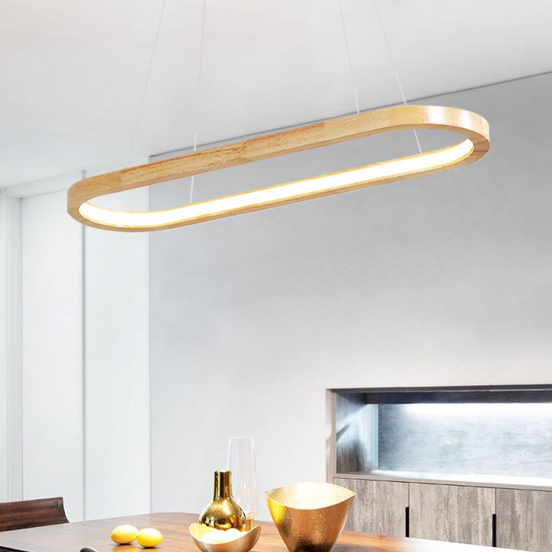 Modern Minimalist Oval Island Light LED Wooden Strip Restaurant Pendant Lighting