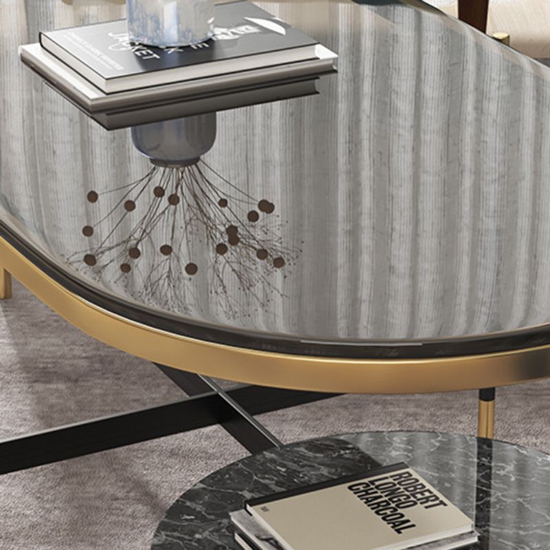 17.7" Tall Modern Metal Cross Leg Base Glass Oval Coffee Table with Shelf