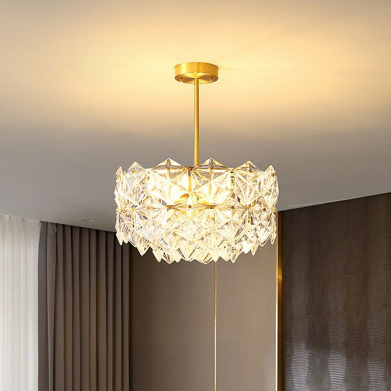 Hexagonal Dining Room Hanging Lamp Carved Crystal Modernist Chandelier Light Fixture in Gold