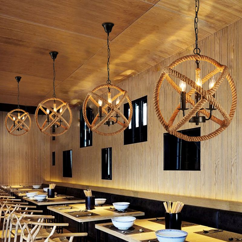 Hemp Rope Flaxen Suspension Lighting Sphere 3 Bulbs Retro Style Pendant Ceiling Light with Metallic Candle