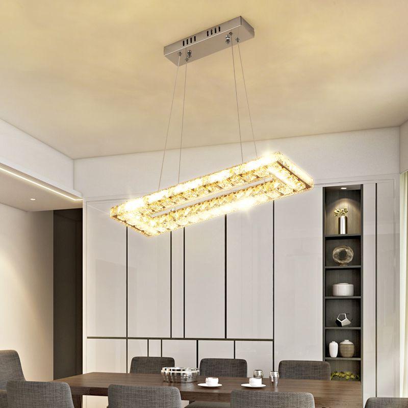 Rectangular LED Island Lamp Minimalist Beveled K9 Crystal Clear Pendant Light for Restaurant