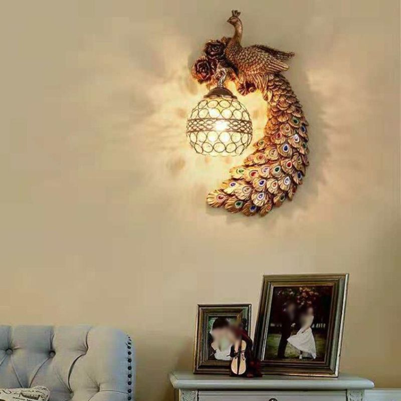 1-Light Wall Light Fixture Classic Crystal Spherical Wall Lamp with Resin Peacock Backplate